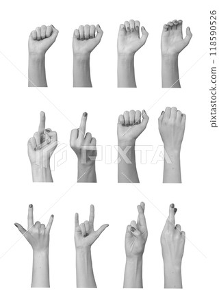 Hand gestures, finger signs, isolated on white background, set Hand gestures, finger signs, isolated on white background, set 118590526