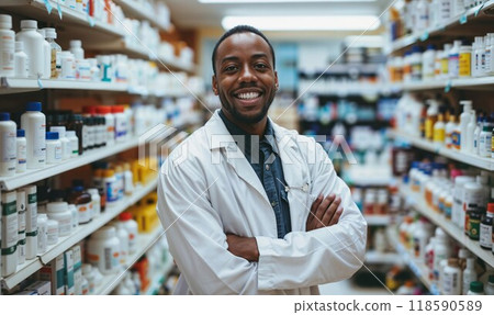 A man in a lab coat stands in a pharmacy with arms crossed 118590589