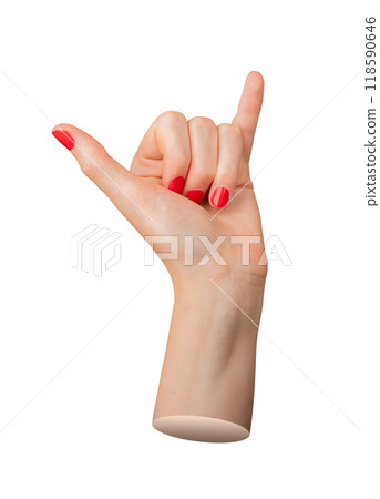 Thumb and pinky finger gesture, hand surf, surfer sign, isolated symbol on white background 118590646