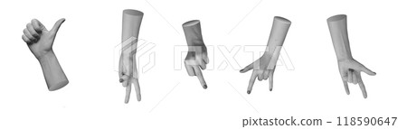 Thumb up, two fingers, horns rock gesture, different signs, isolated on white background, set 118590647