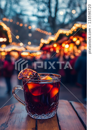 A photo of a warming hot drink, tea, mulled wine, grog at a European Christmas Fair 118590720