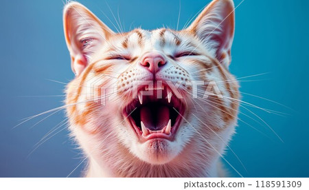 Closeup of a cat with its mouth wide open on a blue background 118591309