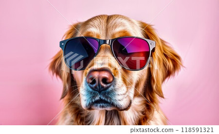 A stylish dog wearing sunglasses stands out on a vibrant pink background 118591321