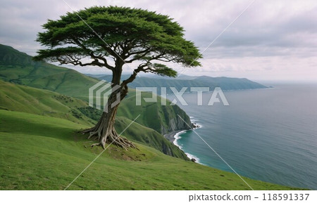 A solitary tree standing tall on a hill that offers a breathtaking view of the ocean beyond 118591337