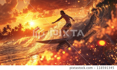 A man rides a large wave on his surfboard during a sunset 118591345