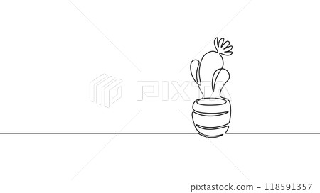 Cactus succulent plants. Home plants one line ink sketch flowers in a pot decorative houseplant cactis. Contour outline vector illustration 118591357