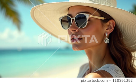 A woman in a stylish hat and sunglasses is enjoying the beach A woman in a stylish hat and sunglasses is enjoying the beach 118591392