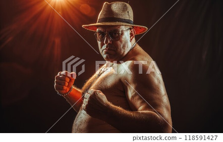 A shirtless man can be seen wearing a stylish hat and glasses 118591427