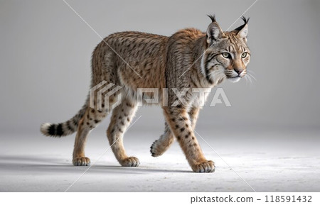 Majestic Lynx Walking Gracefully in a Studio Setting, Showcasing Its Natural Beauty and Elegance Majestic Lynx Walking Gracefully in a Studio Setting, Showcasing Its Natural Beauty and Elegance 118591432