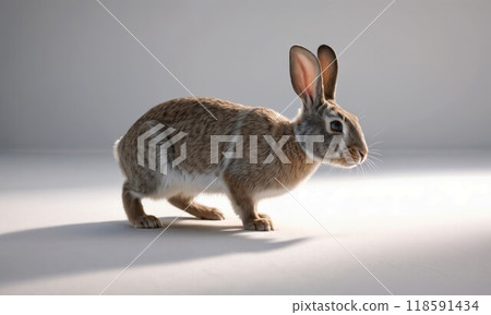 A brown and white rabbit is currently standing on a white surface 118591434