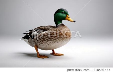 A Colorful and Vibrant Mallard Duck Standing on a Clean, Background Surrounded by Nature 118591443
