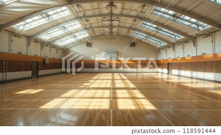 Sun shines through windows of an empty basketball court 118591444