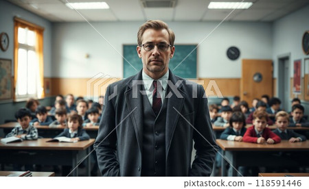 A man in a suit stands in front of a classroom of children 118591446