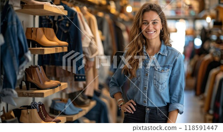 A woman stands in a clothing store with hands on her hips A woman stands in a clothing store with hands on her hips 118591447
