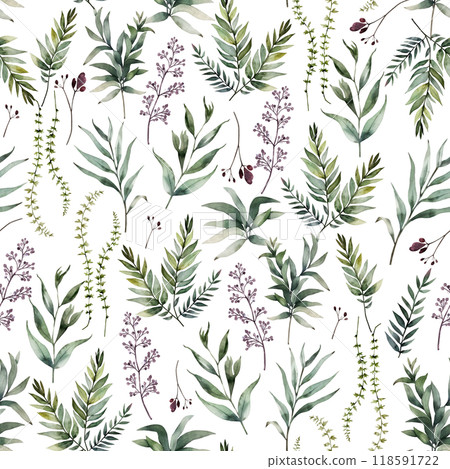 Watercolor seamless pattern with green and burgundy plants on a white background Watercolor seamless pattern with green and burgundy plants on a white background 118591722