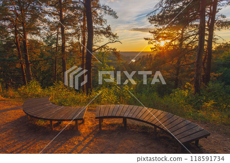 Neris river as seen from the Hill Fort of Naujoji Reva in Silenai cognitive park near Vilnius, Lithuania. This touristic nature trail is a part of Neris regional park 118591734