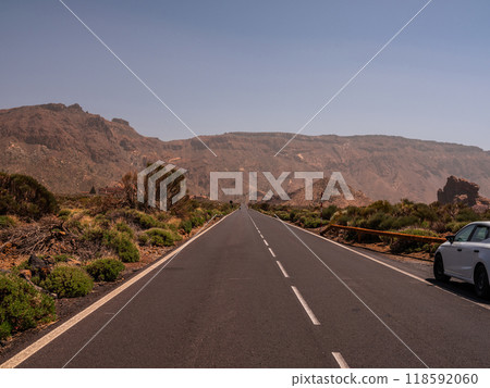 spot in Tenerife with many red rocks and beautiful mountain landscape background 118592060