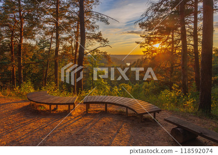 Neris river as seen from the Hill Fort of Naujoji Reva in Silenai cognitive park near Vilnius, Lithuania. This touristic nature trail is a part of Neris regional park 118592074