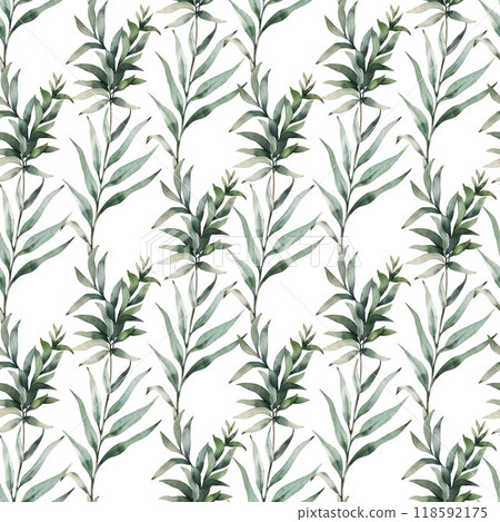 Watercolor seamless pattern with green plants on a white background, hand drawn illustration. Watercolor seamless pattern with green plants on a white background, hand drawn illustration. 118592175