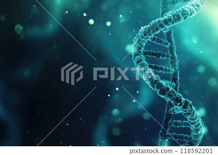 DNA double helix against a dark blue background representing genetics and molecular biology concepts 118592201