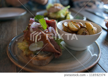 Close up of delicious nordic dish with salad, potatoes and meat 118592374