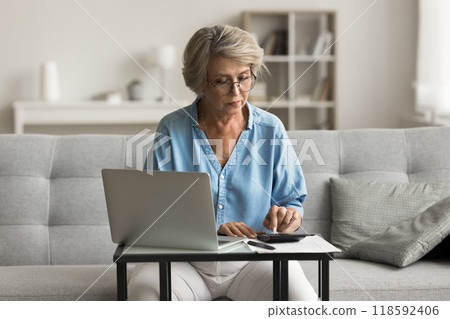 Focused mature woman manage budget from home 118592406