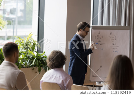 Confident business team leader speaking at flipchart to employees 118592419