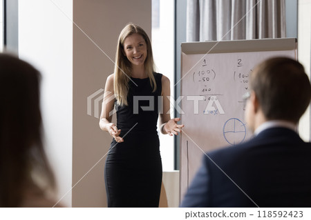 Happy confident attractive business lady standing at flip chart 118592423