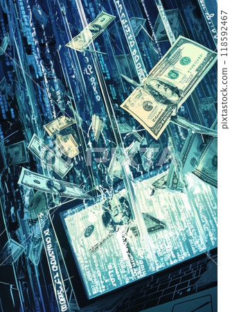 Digital transformation concept with money and binary code on a laptop, symbolizing online finance and cybersecurity in the modern digital world 118592467