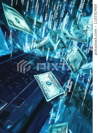 Digital illustration of money bursting from laptop in a cyber environment depicting online finance and digital transactions 118592469
