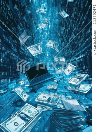 Digital illustration of currency and financial growth in a cybernetic environment featuring cash flows and virtual transactions 118592471