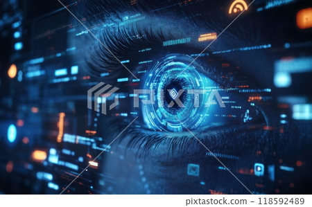 Digital eye with glowing tech lines symbolizing artificial intelligence and futuristic vision in a virtual reality environment 118592489
