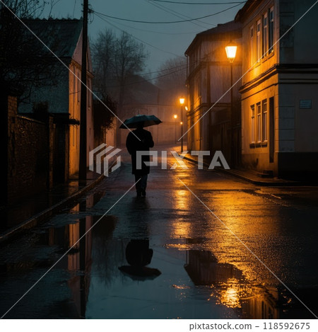 Person walks down a wet street with puddles, under an umbrella in the rain, with streetlights reflecting off the pavement, creating a moody, atmospheric scene 118592675