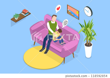 3D Isometric Flat Vector Illustration of Father Support, Parent Encouraging Teen Son 3D Isometric Flat Vector Illustration of Father Support, Parent Encouraging Teen Son 118592854
