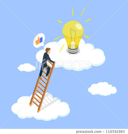 3D Isometric Flat Vector Illustration of Opportunity and Wisdom, Innovative Businessman Climbing Pencil Ladder to Find Lightbulb Idea in the Clouds 3D Isometric Flat Vector Illustration of Opportunity and Wisdom, Innovative Businessman Climbing Pencil Ladder to Find Lightbulb Idea in the Clouds 118592865