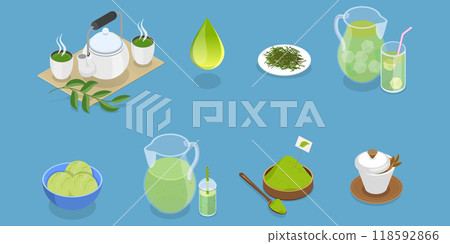 3D Isometric Flat Vector Illustration of Green Tea Collection, Match Beverage Product Elements 118592866