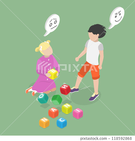 3D Isometric Flat Vector Illustration of Abusive Behavior, Toys Being Kicked by Aggressive Bully 3D Isometric Flat Vector Illustration of Abusive Behavior, Toys Being Kicked by Aggressive Bully 118592868