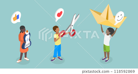 3D Isometric Flat Vector Illustration of Craftwork, Joyful Youngsters Equipped with Art Tools for Creative Projects 118592869