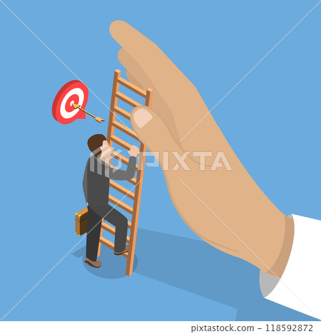 3D Isometric Flat Vector Illustration of Business Obstacle, Climbing Ladder to Beat Giant Hand Preventing Progress 118592872