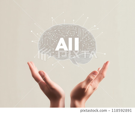 Digital brain concept with AI technology letters floating above hands symbolizing innovation and artificial intelligence 118592891