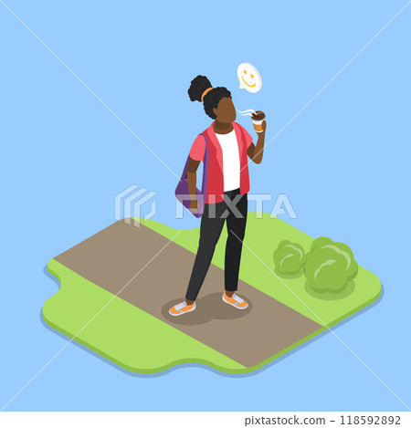 3D Isometric Flat Vector Illustration of Morning Refreshment, Woman Drinking Coffee 3D Isometric Flat Vector Illustration of Morning Refreshment, Woman Drinking Coffee 118592892