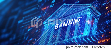 Digital banking concept with binary code and finance icon in blue technology theme 118592893