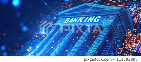 Digital banking concept illustration with binary code and futuristic design representing modern financial technology 118592895