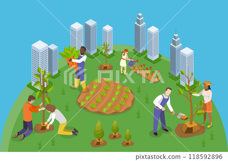 3D Isometric Flat Vector Illustration of Eco Volunteers , Individuals Planting Trees in Urban Park or Garden 3D Isometric Flat Vector Illustration of Eco Volunteers , Individuals Planting Trees in Urban Park or Garden 118592896