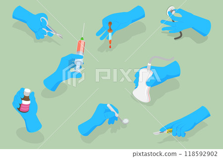 3D Isometric Flat Vector Set of Doctors Hands, Medical Instruments Held by Hands in Blue Sterile Gloves 118592902