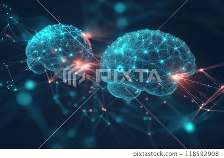 Digital art representation of two brains with illuminated neural connections, symbolizing artificial intelligence and human cognition in a futuristic setting 118592908