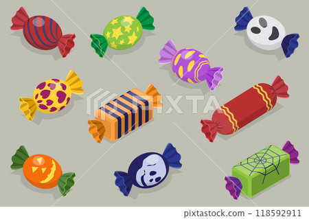 3D Isometric Flat Vector Set of Candy In Different Wrappers, Halloween Sweet Treats 118592911