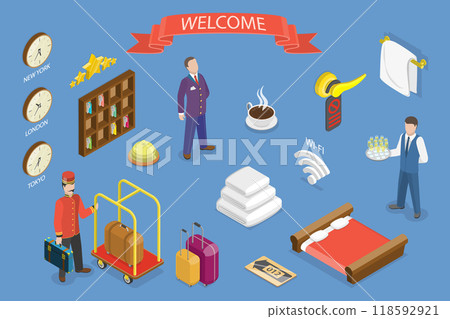 3D Isometric Flat Vector Illustration of Welcome Hotel Service, Inn Management Set 118592921