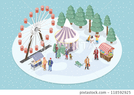 3D Isometric Flat Vector Illustration of Festival Market, Winter Wonderland Christmas Fest, in Amusement Park 118592925
