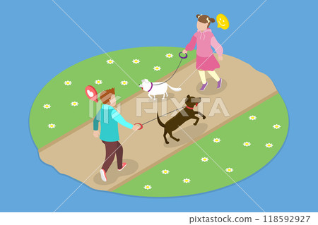 3D Isometric Flat Vector Illustration of Walking with Pet, Enjoying a Leisurely with Dogs on Leashes 3D Isometric Flat Vector Illustration of Walking with Pet, Enjoying a Leisurely with Dogs on Leashes 118592927